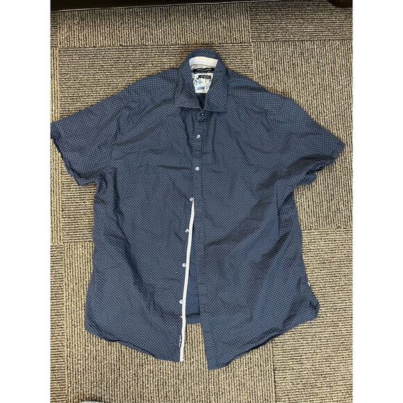 Denim and Flower Slim Fit Navy Polka Dot Short Sleeve Button Down Shirt - Picture 1 of 5